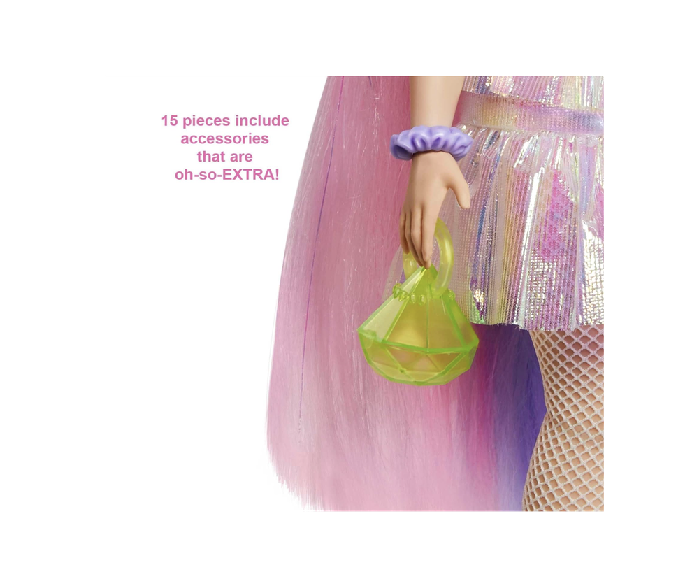 Кукла Barbie Extra и аксессуары с блестящим эффектом, розовыми и фиолетовыми фантазийными волосами и неоновой шапкой с щенком-питомцем
