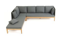 "Каталония" диван модульный плетеный из роупа, основание дуб, роуп темно-серый круглый, ткань темно-серая 027