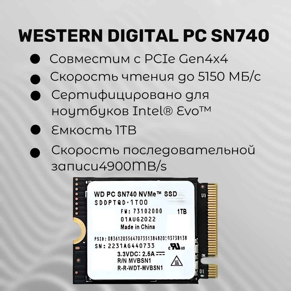 SSD-диск 1 ТБ SSD Western Digital SN740 2230 PCIe 4.0 NVME для Steam Deck, Asus rog Ally, Surface laptop