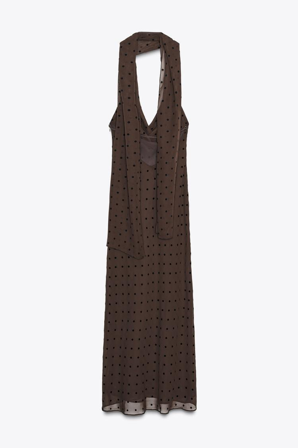 ZARA ДЛИННОЕ ПЛАТЬЕ В ГОРОШЕК С ПЛАТКОМ, КОРИЧНЕВЫЙ