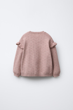 ZARA ТРИКОТАЖНЫЙ ДЖЕМПЕР С ВЫШИВКОЙ В ВИДЕ ЦВЕТОВ, РОЗОВЫЙ МЕЛАНЖ