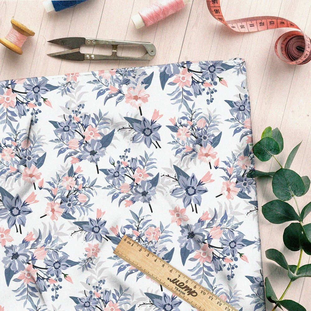 Ткань поплин букеты цветов с листьями