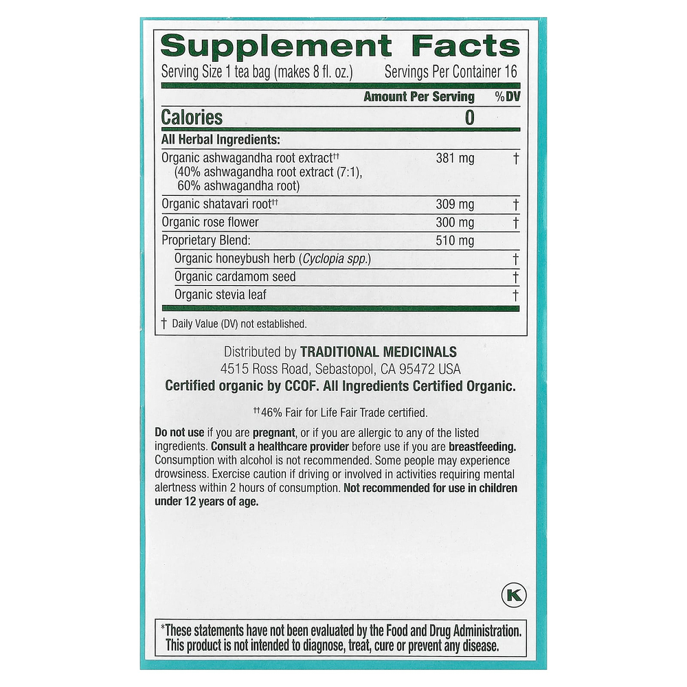 Traditional Medicinals, Organic Stress Ease® Calm, ашваганда и ханибуш, без кофеина, 16 чайных пакетиков в упаковке, 24 г (0,85 унции)