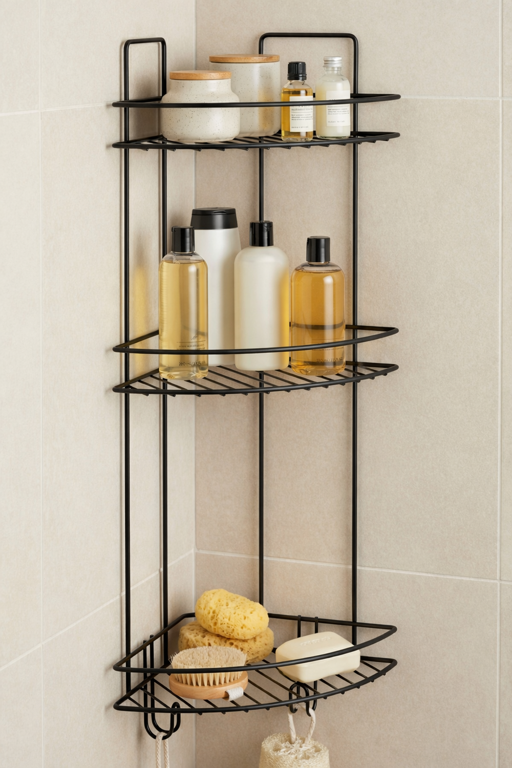 Полка для душа DIWO Тула P.Tu.3/2.mb угловая, подвесная, матовая черная, с крючками, на присосках