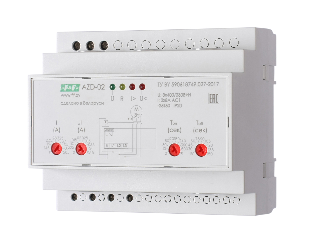 Реле защиты электродвигателей AZD-02 1-5,5А 50-450В+N защита трехфазн. двигат. до 2.2кВт и для работы с внешн. ТТ
