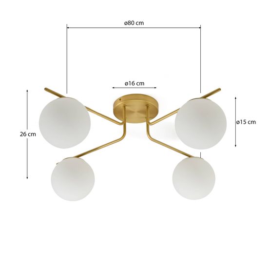 Потолочный светильник Brisia из металла в латунной отделке с 4 стеклянными плафонами Ø15 см