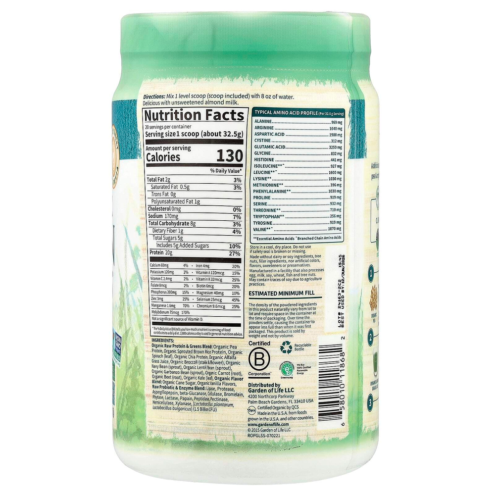 Garden of Life, RAW Protein & Greens, органическая растительная формула, слегка сладкое, 650 г (22,92 унции)