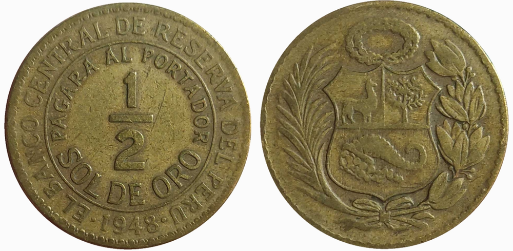 Перу 1/2 соль, 1935 - 1965 Герб XF