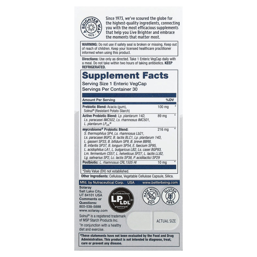 Solaray, Mycrobiome®, полноценный пробиотик, активный, 30 вегетарианских капсул