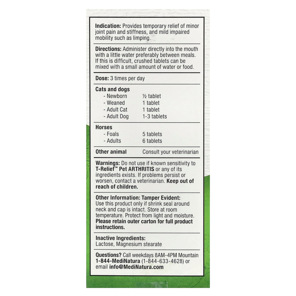 MediNatura, T-Relief, артрит с арникой у домашних животных, 90 таблеток