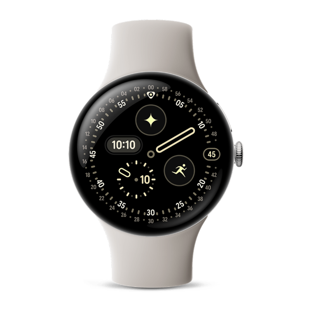 Умные часы Google Pixel Watch 4, 45 мм, Wi-Fi, ремешок фарфорового цвета Полированный серебристый корпус из переработанного алюминия, ремешок из фторэластомера с покрытием «софт-тач» и застёжкой pin-and-tuck — на запястье обхватом 150–215 мм