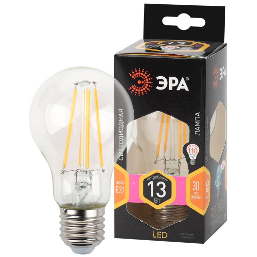 Лампа светодиодная ЭРА F-LED A60-13W-827-E27 13Вт филамент груша теплый белый свет E27 | Филаментные декоративные