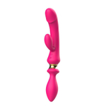 Розовый двусторонний вибромассажёр с клиторальным отростком - 30 см. (Цвет: розовый)