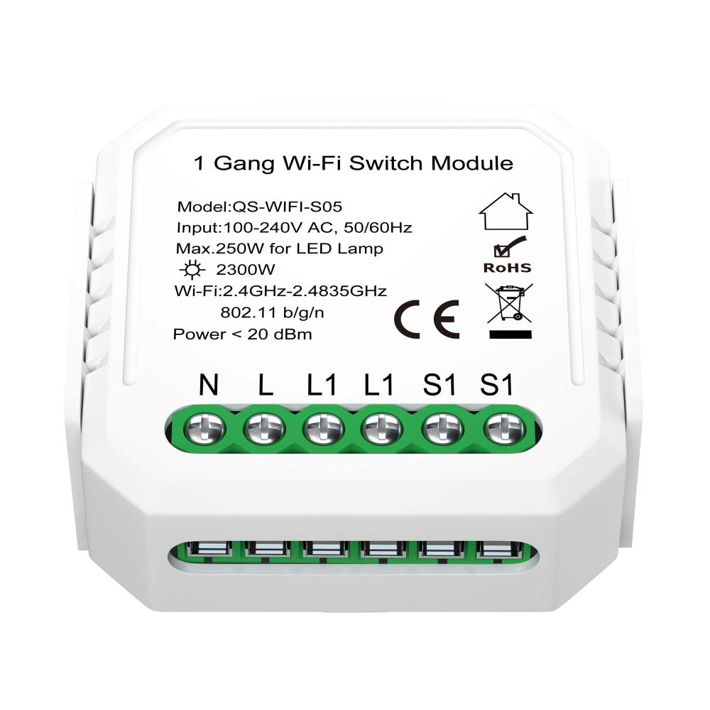 ST9000.500.01C WIFI реле 1 канал, 10A Белый - -*Max 2300W/250W - Ra  IP20 L46xW46xH18 100-240V