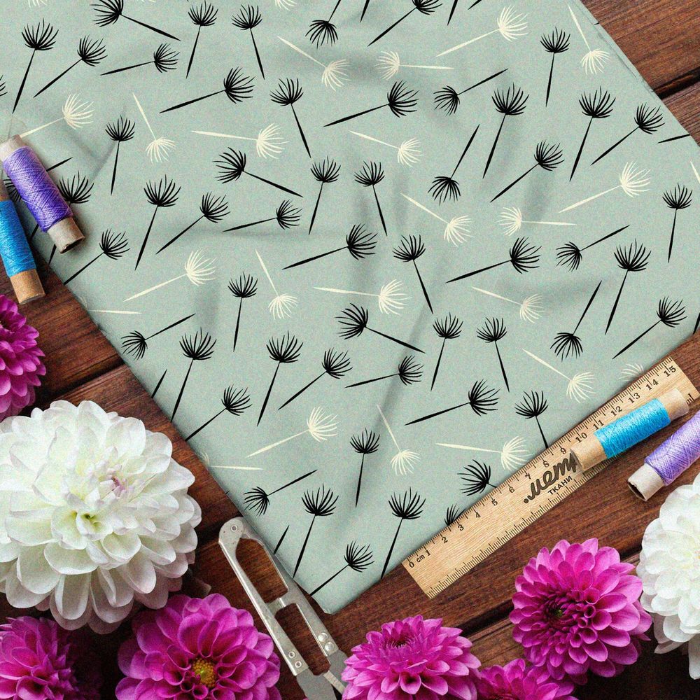 Ткань блэкаут пустые одуванчики на зелёном фоне