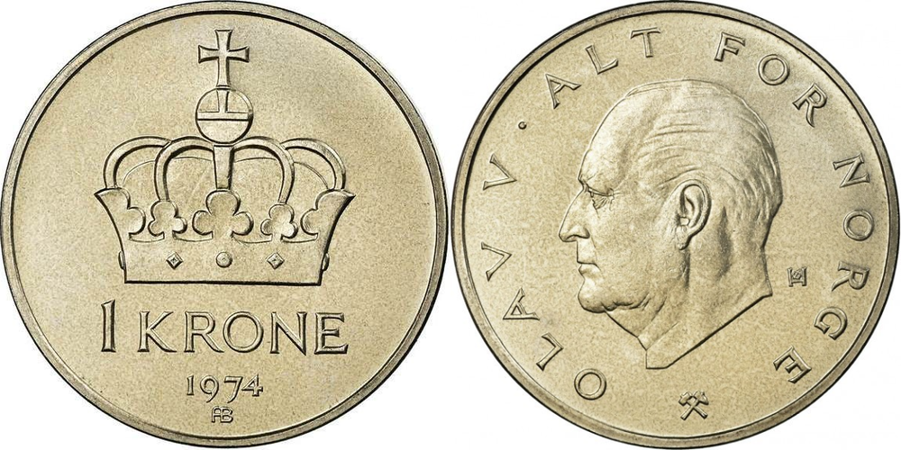 Норвегия 1 крона, 1974 - 1991 Король Улаф V XF