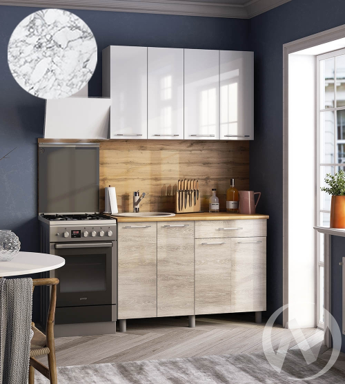 Кухня Нора 1.2м (корпус белый/белый; дуб шале светлый) 26мм мрамор итальянский