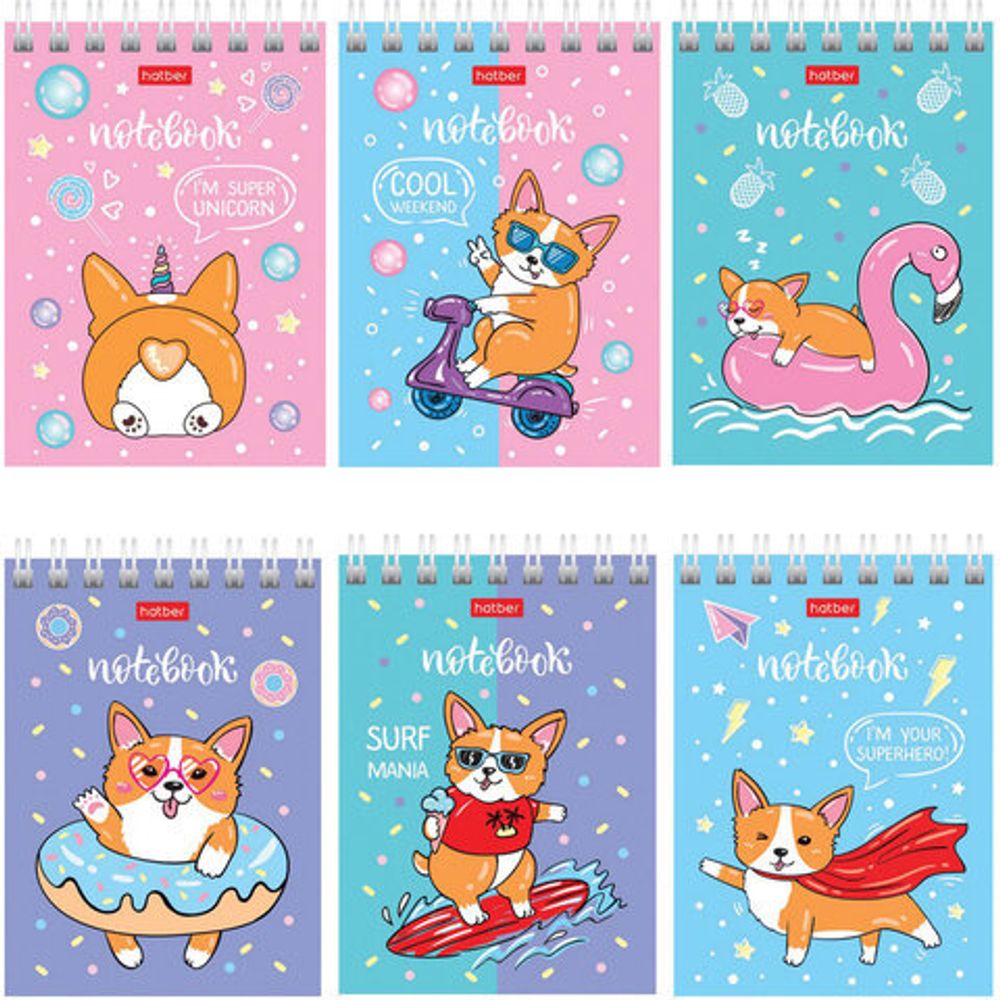 Блокнот МАЛЫЙ ФОРМАТ (75х10 5мм) А7, 40 л., гребень, картон, клетка, HATBER "Забавные корги", 40Б7В1гр