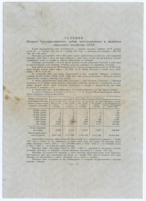 Облигация 50 рублей 1947 год. 2-ой заем восстановления и развития народного хозяйства СССР. Серия № 034285. VG-F