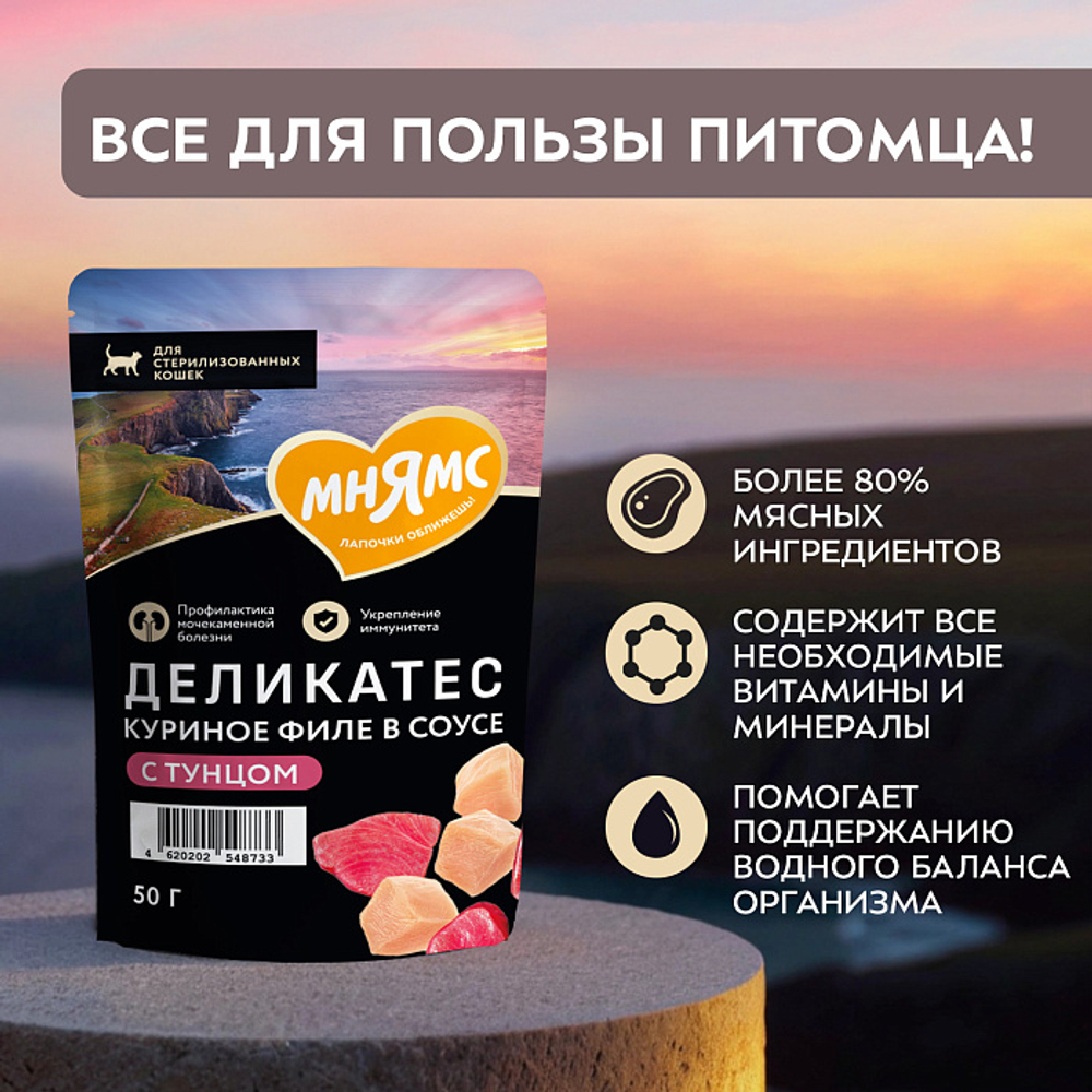 Влажный корм для стерилизованных кошек Деликатес куриное филе с тунцом в соусе Мнямс 50 г 20 шт