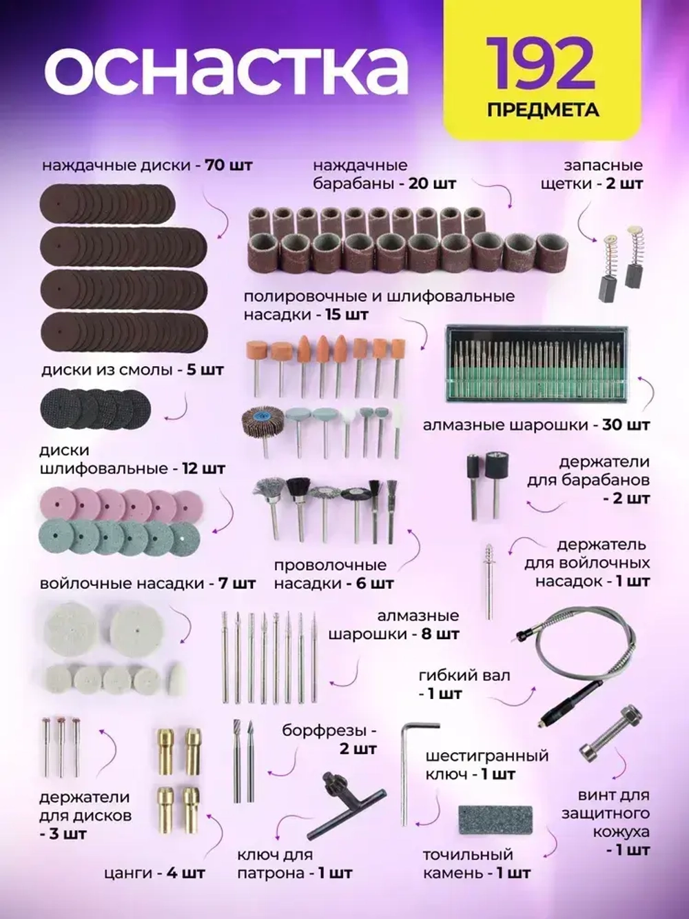 Гравер электрический 500 ВТ с насадками 192 шт. и гибким валом, 35000 об/мин / Бор машинка электрическая / Мини дрель