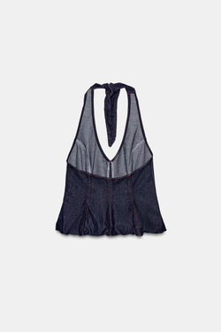 ZARA ТОП ИЗ ДЕНИМА Z1975 С ГОРЛОВИНОЙ ХАЛТЕР, СИНИЙ