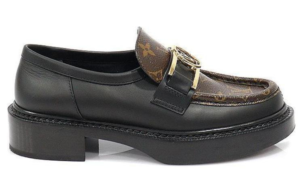 LOUIS VUITTON Academy Loafers "Black With Brown Monogram And Gold Plate" Women"s