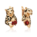 Серьги «Леопарды» с английским замком из красного золота с гранатом и эмалью