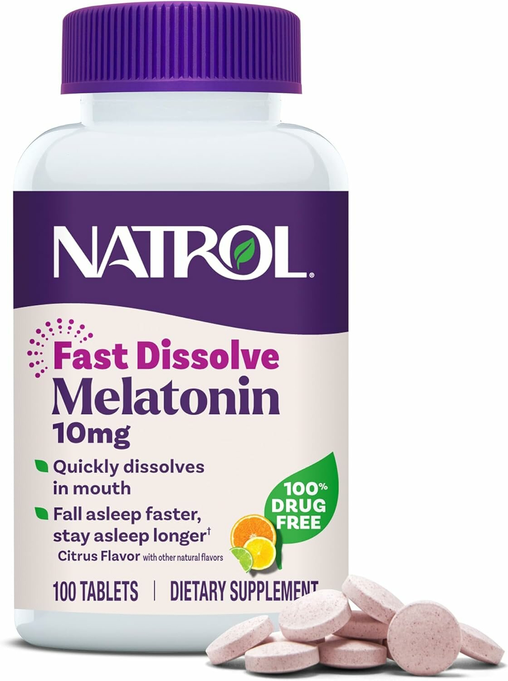 Мелатонин Natrol, быстрорастворимый, цитрусовый вкус, 10мг, 100 таблеток