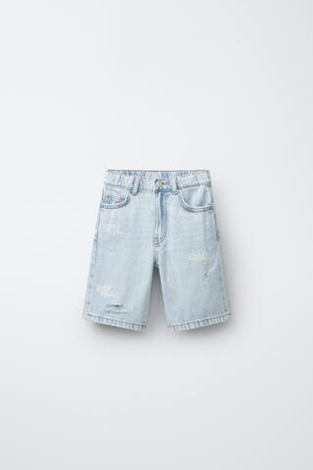 ZARA ДЖИНСОВЫЕ ШОРТЫ С РАЗРЕЗАМИ И ГРАФФИТИ, СИНИЙ