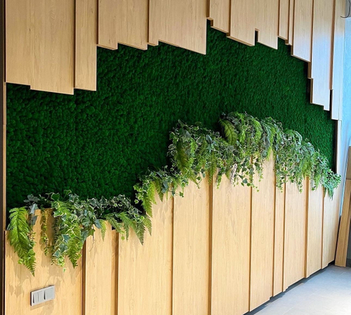 Вертикальное озеленение офиса компании "2ГИС" стабилизированным мхом и искусственными растениями