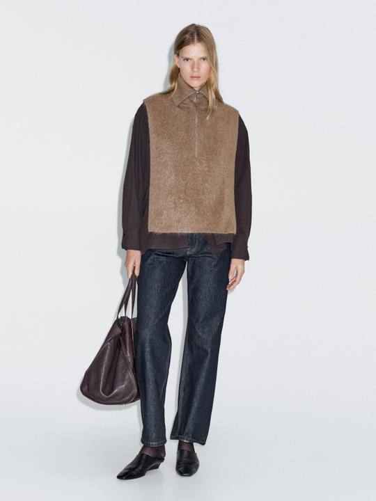 Massimo Dutti Манишка из 100% кашемира с застежкой-молнией, бежевый