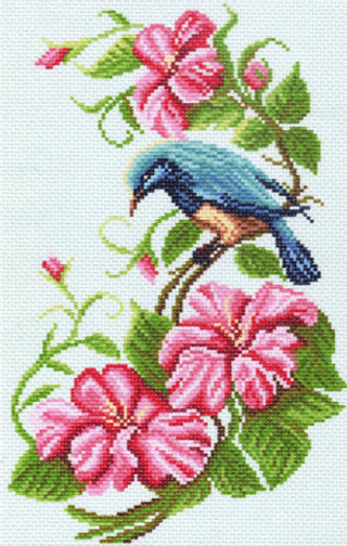 "Птица на цветочной ветке"-1064 канва с рисунком