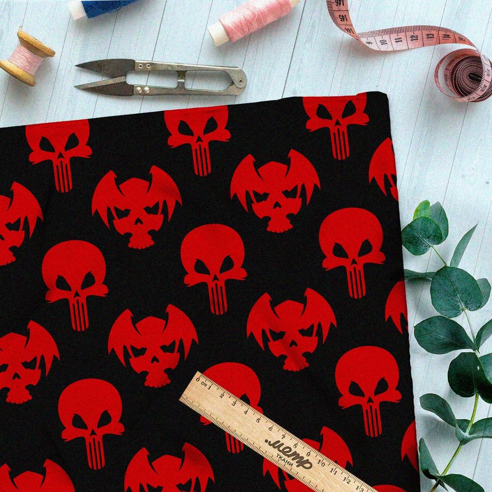 Ткань оксфорд 600 зловещие красные черепа на чёрном фоне