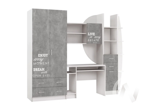 Стенка Детская Юниор-2 ЛДСП Лофт (белый/бетон светлый)