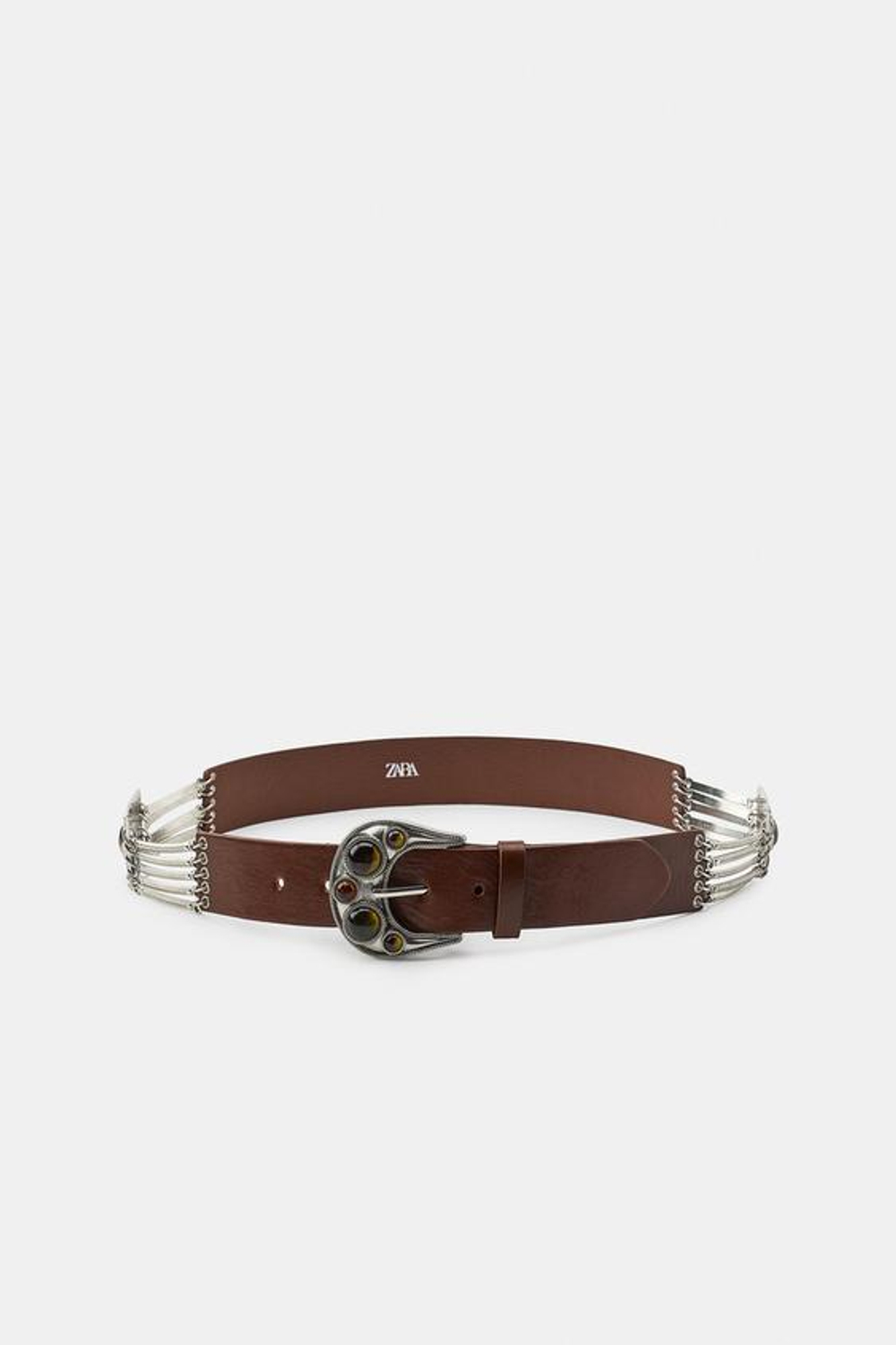 ZARA КОЖАНЫЙ РЕМЕНЬ С ДЕКОРАТИВНЫМИ КАМНЯМИ, КОРИЧНЕВЫЙ