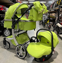 Коляска-трансформер 3в1 Luxmom 608 автолюлька , зеленая экокожа
