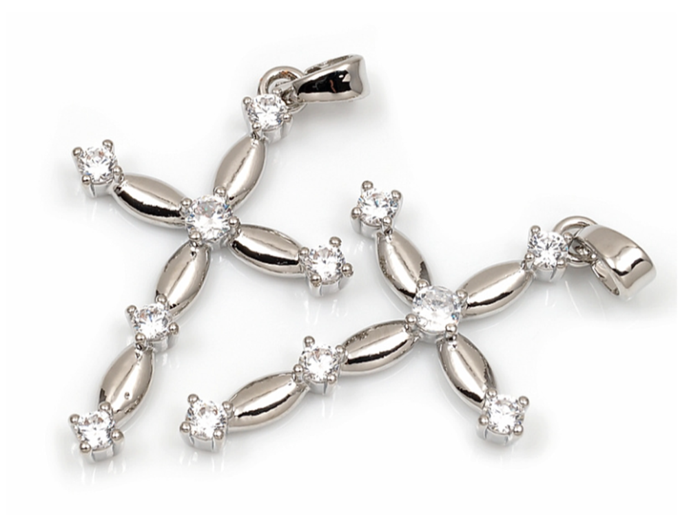 264183-р Подвеска "Крест" (капля) с прозрачными фианитами 30*19мм, родий