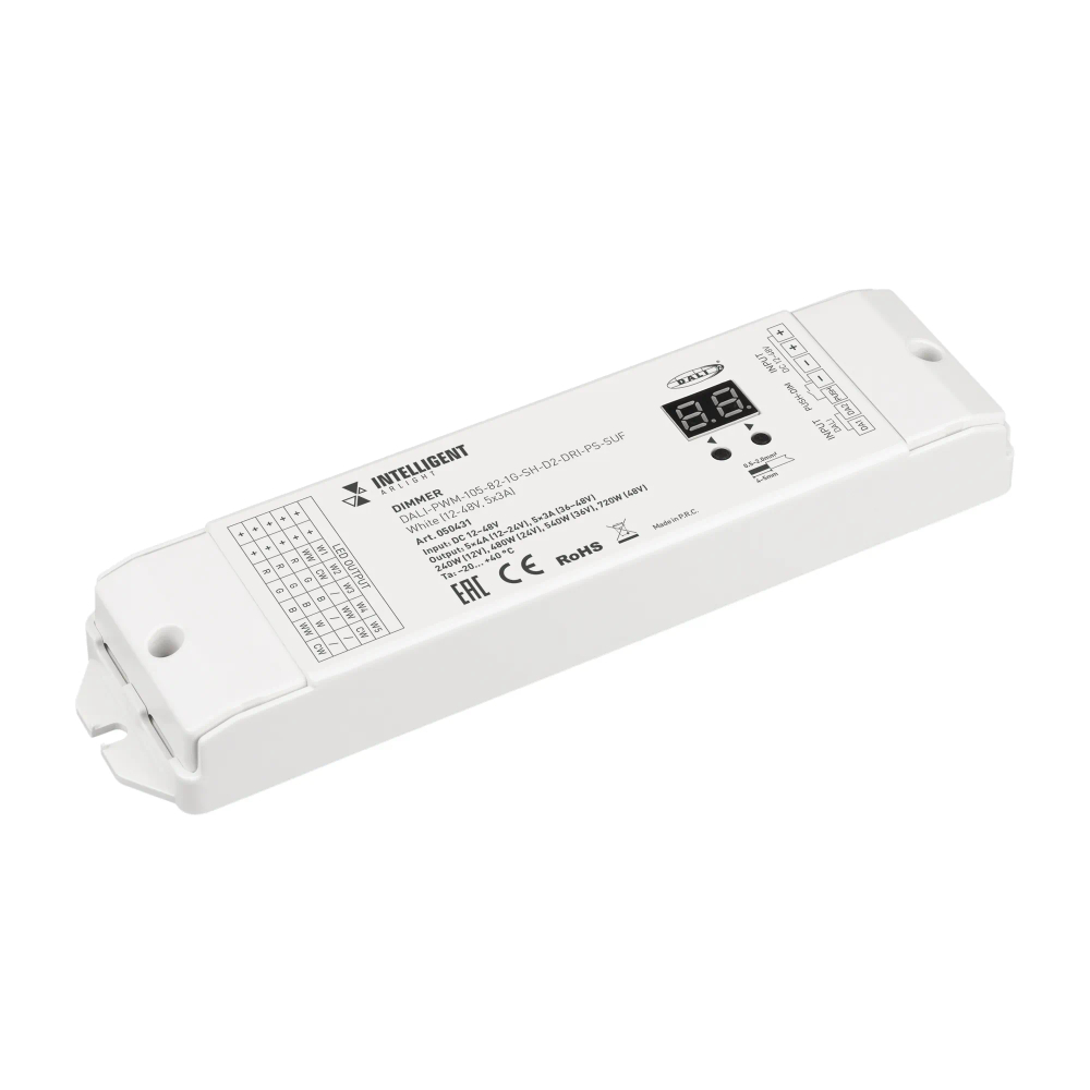 INTELLIGENT ARLIGHT Диммер DALI-PWM-105-82-1G-SH-D2-DRI-PS-SUF White (12-48V, 5x3A) (IARL, IP20 Пластик, 5 лет) 050431