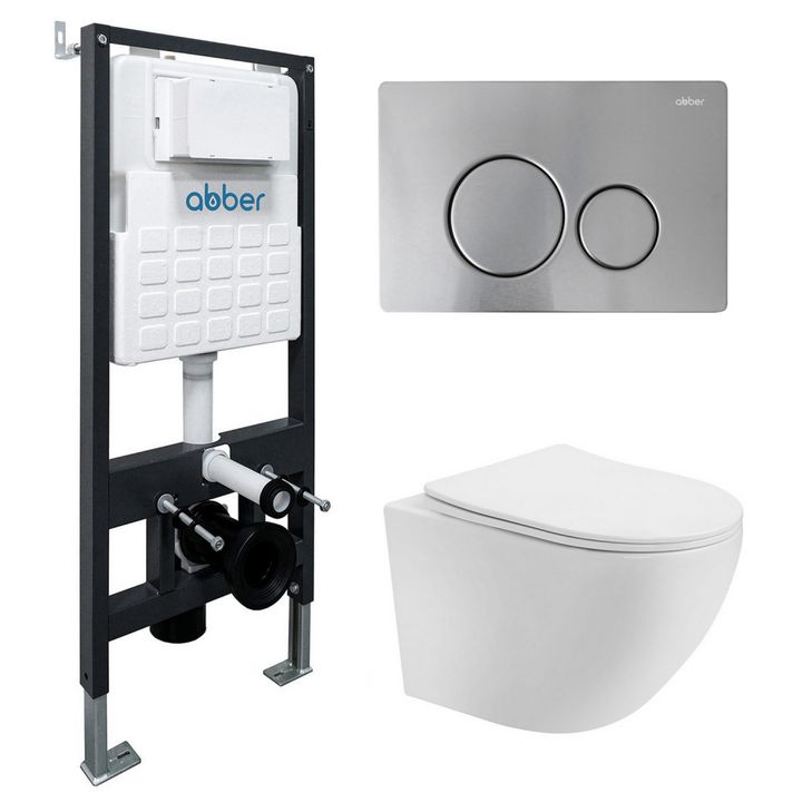 Комплект подвесной унитаз ABBER Bequem AC1100T белый с инсталляцией AC0105 и кнопкой AC0121MCH матовый хром