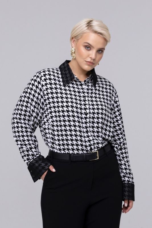 Блузка из вискозы с отделкой из шифона, принт гусиная лапка