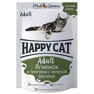 Влажный корм Happy Cat для кошек, Кусочки ягнятины, телятины с зеленой фасолью в желе, пауч 100 г