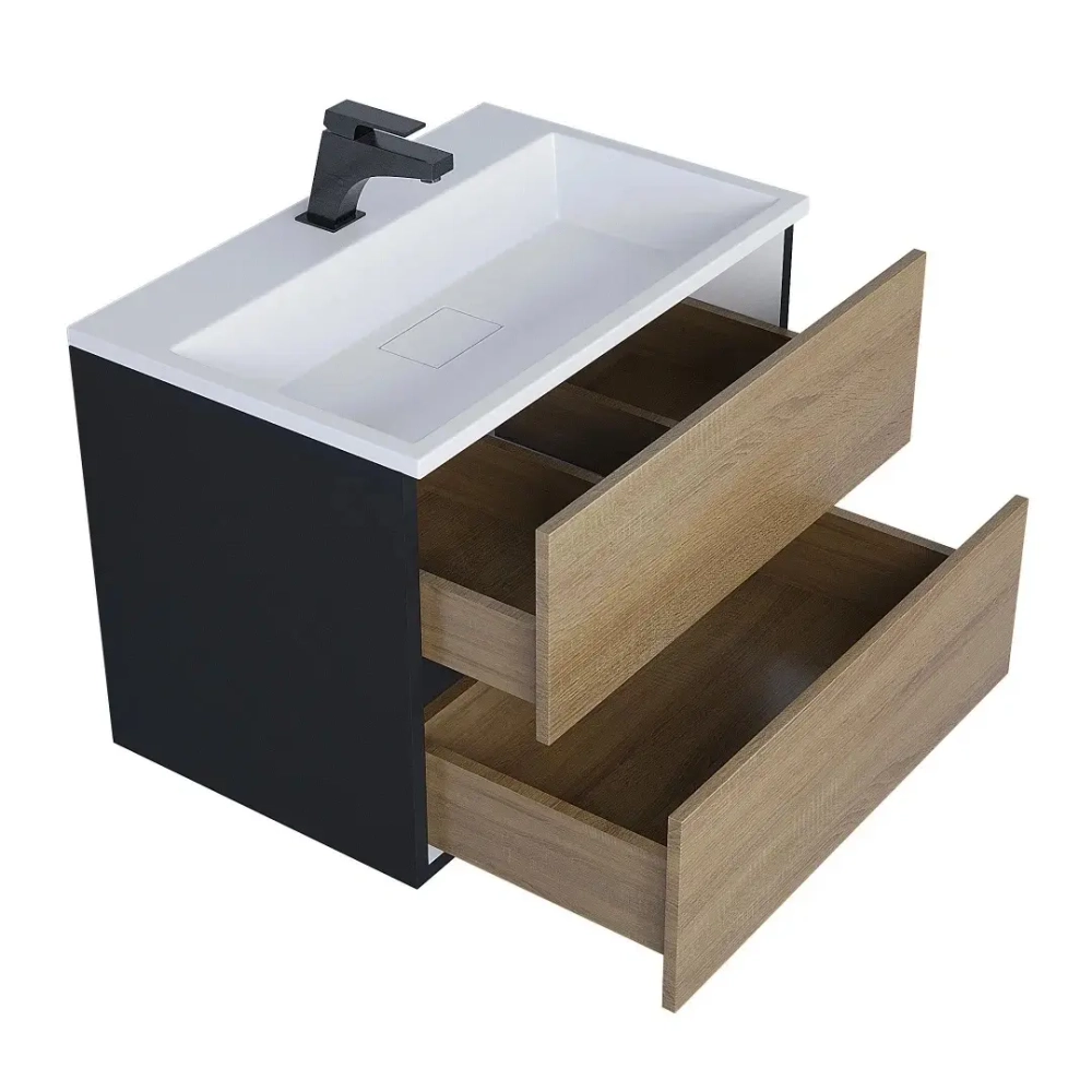 Тумба с раковиной Uperwood Barsa 70 см, раковина белая, подвесная тумба черная/дуб сонома