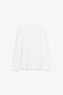 ZARA ФУТБОЛКА INTERLOCK С ДЛИННЫМИ РУКАВАМИ, БЕЛЫЙ