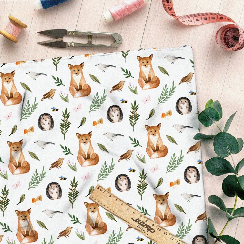 Ткань шифон лисята и ежата