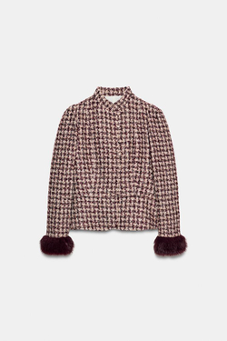 ZARA БЛЕЙЗЕР С МАНЖЕТАМИ ИЗ ИСКУССТВЕННОГО МЕХА, БОРДОВЫЙ/ЭКРЮ