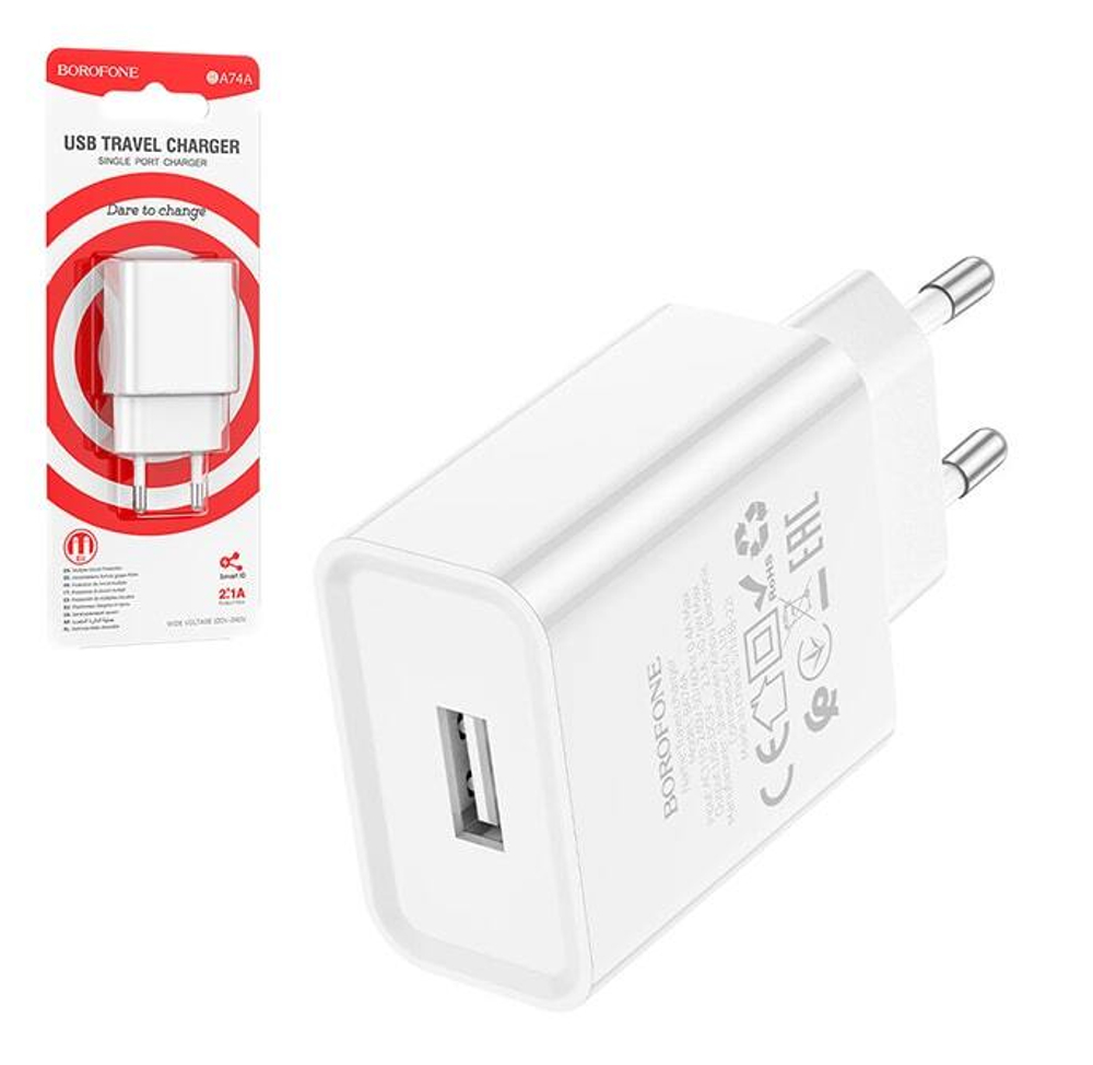 Сетевой адаптер питания BOROFONE BA74A 1USB 2.1A  (белый)