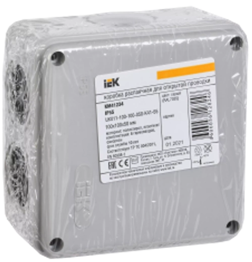 Коробка распаячная КМ41234 для открытой проводки безгалогенная (HF) 100х100х50мм IP55 6 гермовводов