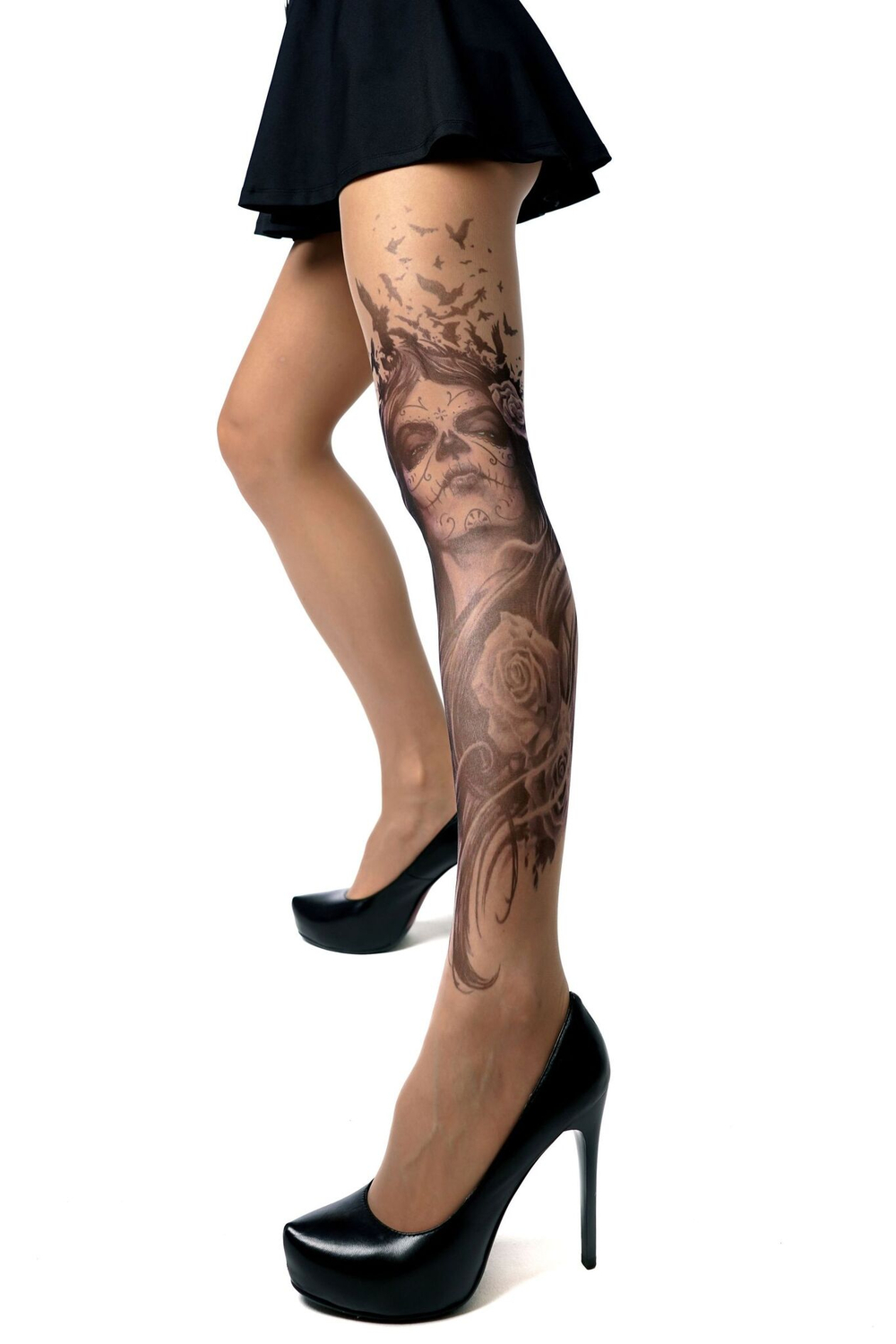 Колготки с рисунком в виде девушки с макияжем калавера (Размер: S-M-L) (Цвет: бежевый)