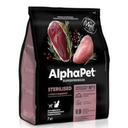 Сухой корм ALPHAPET Superpremium для взрослых стерилизованных кошек и котов, с уткой и индейкой - 7 кг